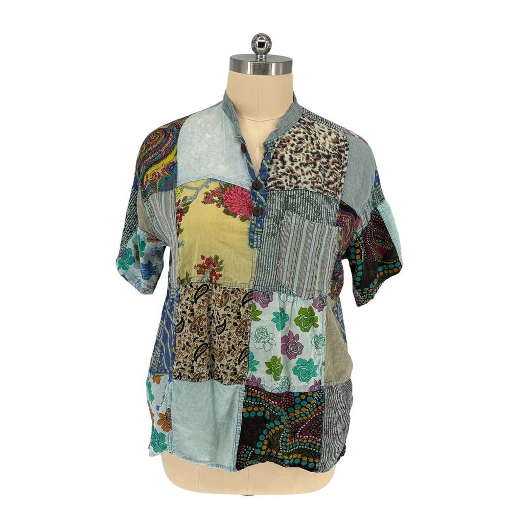 Kathmandu Imports Patchwork Henley Top Multi Color 100% Cotton XL